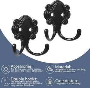<b>Wall</b> Coat <b>Hooks</b> Heavy Duty Black Metal <b>Hooks</b> <b>Wall</b> Mounted With Screws Double Robe Coats <b>Hook</b> for Hanging Coat Towel <b>Key</b> & Bags - Product Image 6