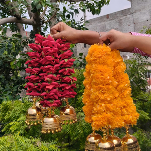 Vibrant Rose <b>Marigold</b> With Ghungaro String For Temple Or Housewarming Decor Handmade Toran For Home Perfect For Diwali Night Gif - Product Image 1