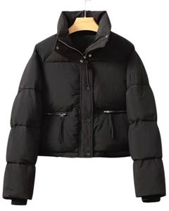 Blouson matelassé noir personnalisé pour femmes, veste courte matelassée d'hiver, col montant, rembourrage en polyester chaud, vêtements d'extérieur tendance, OEM personnalisé - Product Image 1