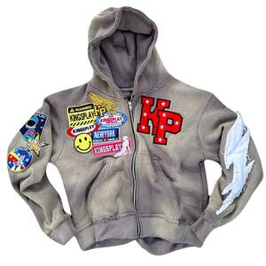 Ensemble survêtement homme déchiré avec patchs graphiques, sweat à capuche zippé et pantalon de jogging en molleton, tenue décontractée streetwear assortie - Product Image 6