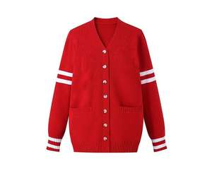 Cárdigan Clásico de Mujer con Letras de Chenilla Personalizadas OEM ODM 2025, Cárdigan Holgado de Algodón con Cuello en V y Rayas - Product Image 4