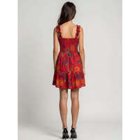 Robe de cocktail en mousseline de coton rouge à imprimé abstrait, avec volants, col cœur, coupe mini trapèze ample, tissée, à nouer, pour l'été