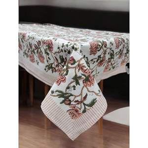 Nappe 100 % coton blanc à motifs floraux imprimés à la main, idéale pour la décoration printemps-été, pour salle à manger, mariage, fête, 150 x 220 cm, pour hôtels - Product Image 2