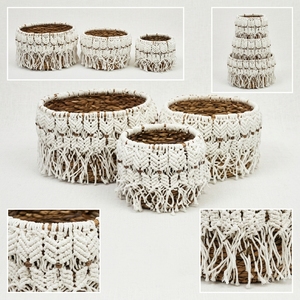 Ensemble de paniers de rangement en macramé à franges en écorce de bananier naturelle, couleur crème, style bohème, pour plantes rondes, organisateur de décoration, design artistique pur - Product Image 3
