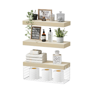 High quality Wall Mounted Rustic Wood Floating Shelves Beige Color with White <b>Metal</b> <b>Basket</b> Set for Kitchen and Bathroom <b>Storage</b> - Product Image 1