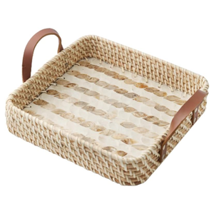 Bandeja de mimbre natural hecha a mano al por mayor con incrustaciones de nácar Bandejas para servir con asa para bandeja de almacenamiento de Vietnam - Product Image 1