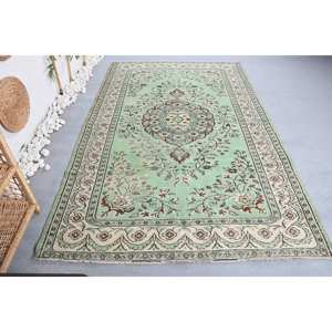 Tapis turc vintage, écologique, poil moyen, grande surface, 5,2 x 8,2 pieds, design classique vert beige patchwork, fait main, laine, latex - Product Image 4