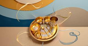 <b>8</b>-Piece Beautifully Handcrafted Traditional <b>Dinnerware</b> <b>Set</b> Brass Thali Plate Bowls Fork with Durable Glass Spoon Tableware Gift - Product Image 4