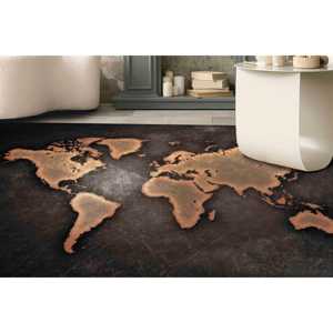 Tapis abstrait de la carte du monde : Décoration intérieure en cuivre, bronze et noir, tapis en chenille - Product Image 1