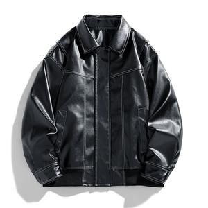 Veste de vélo en cuir PU pour hommes coupe ample grande taille rabattue non tissé fini vêtement teint en polaire chauffante - Product Image 3