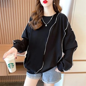 เสื้อสเวตเตอร์แขนโคมไฟทรงหลวมผ้าคอตตอนแท้, เสื้อสเวตเตอร์แขนโคมไฟทรงหลวมสำหรับผู้หญิงตกแต่งสามเส้นสีสดใสเสื้อผ้าลำลองคอกลมแบบหนา - Product Image 6