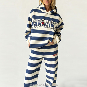 Set Felpa con Cappuccio Oversize in Cotone 100% con Logo Ricamato Personalizzato, <span class=keywords><strong>Tuta</strong></span> Sportiva a Due Pezzi con Felpa a Righe e <span class=keywords><strong>Pantaloni</strong></span> Larghi da <span class=keywords><strong>Donna</strong></span> - Product Image 1