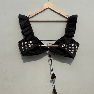 <b>Black</b> Floral <b>Sequin</b> Embroidery Bralette <b>Top</b> with Bow Collar Short Length Handwork Knitted Clothing with Hollow Tassel - Product Image 2