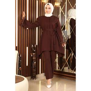 Ensemble de costume décontracté 2 pièces ElbiseFur avec hauts longs et longueur midi, 100 % coton, coupe classique, élégant et confortable - Product Image 1