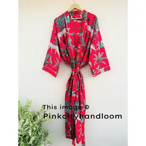 Jubah untuk wanita Kimono Bikini motif blok tangan untuk wanita Kimono penutup pantai buatan tangan Kimono 100% gaun mandi katun alami