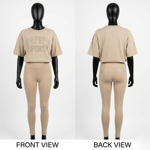 Conjunto de camiseta y leggings de algodón y spandex premium de 230 GSM, color beige, tela suave y elástica, diseño de logotipo con pedrería, conjuntos para mujer - Product Image 1