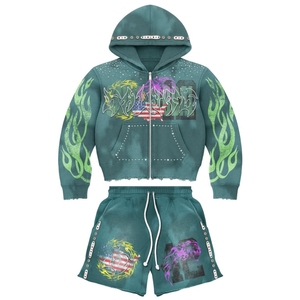 Ensemble de survêtements à capuche d'hiver en coton lourd unisexe à coupe régulière à imprimé bouffant strass délavé à l'acide respirant - Product Image 1