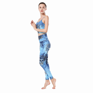Blue Skull Print Yoga Set 2 Piece Spaghetti Strap Crop <b>Top</b> High Waist Full Length Leggings Breathable Spandex Polyester - Product Image 3