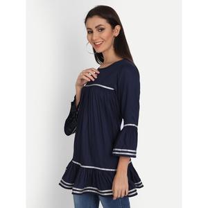 Navy Blue Rayon Solid Bell <b>Sleeve</b> <b>Top</b> for Ladies Embroidered Office Shirt Linen Chiffon Fabric Long XL XXL Sizes Loose <b>Lapped</b> - Product Image 3