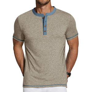 Camiseta marrón de algodón 100% con diseño de logotipo personalizado OEM para hombre, cuello redondo, manga corta, botón de costilla en contraste de gran tamaño, transpirable - Product Image 4