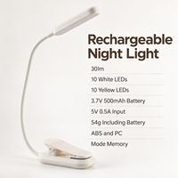 Lampe de lecture LED rechargeable à clip avec batterie 500 mAh, 3 modes d'éclairage, 5 niveaux de luminosité et fonction de mémoire de mode