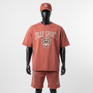 ชุดเสื้อและกางเกงขาสั้นผ้าคอตตอนเทอร์รี่เนื้อหนัก GSM สัมผัสนุ่ม ย้อมสีพิเศษ พิมพ์โลโก้แบบนูน ชุดออกกำลังกายสำหรับผู้ชาย - Product Image 6