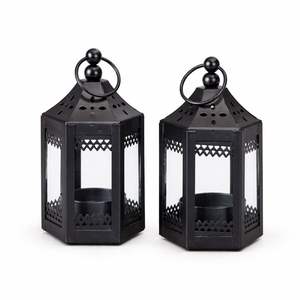 Lanterne à bougie classique en métal noir avec panneaux en verre, anneau de suspension, lumière LED chaude, idéale pour la décoration de la maison, les événements et les cadeaux - Product Image 2