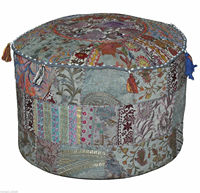 Housse de pouf ottoman décorative artisanale indienne en coton brodé traditionnel, patchwork vintage, mandala Kantha