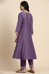 Ensemble Kurta Pantalon Anarkali en Organza de Soie Brodé pour Femmes Trendmalls avec Dupatta (G263-Violet Clair) Style Ethnique Salwar - Product Image 2