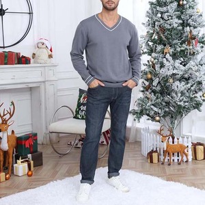 Vêtements d'hiver pour hommes col en V rayé nouveau design de mode couleur unie tricot cardigan pulls 100% coton laine respirant 2023 - Product Image 4