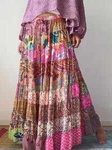 Mixed-Patchwork <b>Maxi</b> Satin <b>Skirt</b> Pockets One Size 100% Silk Casual Vintage Wrap Style Knitted Fit Silhouette Logo Waisted Long - Product Image 4