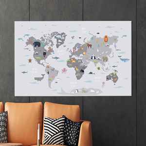 Toile imprimée avec carte du monde et animaux - Décoration murale élégante, 1P : encadrée - Product Image 1