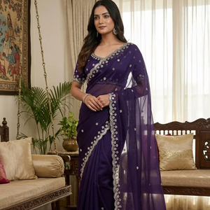 ชุดส่าหรีผ้าไหมแท้สำหรับผู้หญิง ดีไซน์ใหม่ พร้อมงานปักลายแบบมีรหัส  ตกแต่งขอบผ้า  พร้อมชุดเสื้อ - Product Image 1