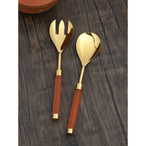 Ensemble de couverts en acier inoxydable avec plaque dorée pour hôtel restaurant maison ustensile à salade en bois d'acacia personnalisé fourchette et cuillère pour serveur - Product Image 1