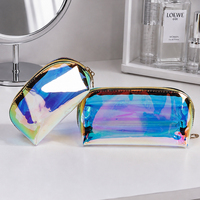 Pochette cosmétique holographique en PVC, transparente irisée, avec fermeture éclair, pour voyage, logo personnalisé, emballage cosmétique en gros