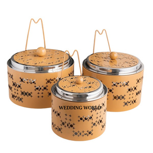 Ensemble de trois chauffe-plats décoratifs en acier inoxydable de luxe avec motif floral - Product Image 5