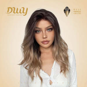 Billie-Jo-DWY 20 Inches Glueless Synthetic <b>Wig</b> for Women 136 Lace Front Free Part Mid-Length Wavy <b>Brown</b> Gradient Transparent - Product Image 4