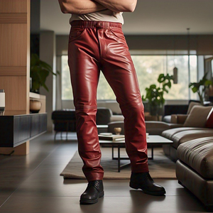 Pantalones de cuero PU de estilo callejero para hombre, pantalones de cuero a la moda con cintura elástica y botones altos, ropa de calle personalizada, pantalones de PU para hombre - Product Image 5