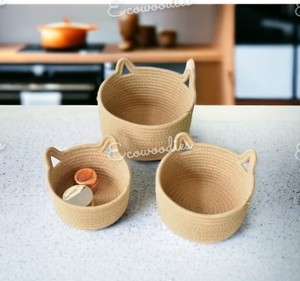 Small Woven Cotton Rope Basket <b>Kid</b>-Friendly Storage Trays with <b>Cat</b> Ears Design <b>for</b> Little Sundries Items Weaving Storage Basket - Product Image 6