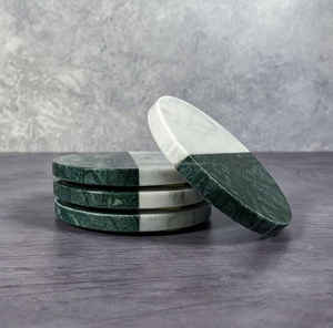 Dessous de verre ronds faits à la main en marbre vert et blanc Tapis et tampons uniques - Product Image 2