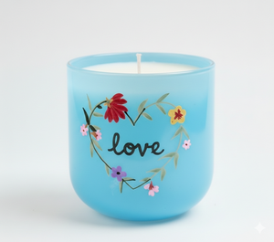 Belle jarre à bougie en verre artisanale avec une finition bleu doux, un motif floral en forme de cœur peint à la main et un texte d'amour. - Product Image 1