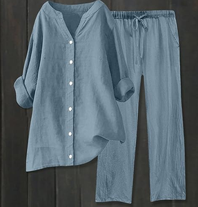 Meilleur ensemble élégant en rayonne bleue Chemise boutonnée à manches longues et col en V avec pantalon droit et tenue décontractée deux pièces à coupe ample - Product Image 6