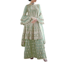 Nouvelle robe en filet bleu foncé brodée Jamawar dupatta avec 4 côtés patti et pantalon en soie brute, vêtements de fête péruviens et indiens