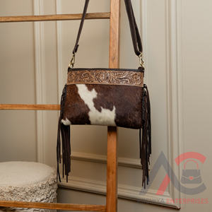 กระเป๋าถือหนังวัวแท้สำหรับผู้หญิง, กระเป๋าโบฮีเมียนสายสะพายสีน้ำตาล - Product Image 4