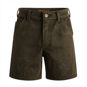 Novedad: Pantalones Cortos Tradicionales de Gamuza Hechos a Mano en Color Verde Oliva Oscuro, Proveedor OEM - Product Image 2