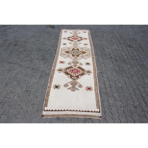 Vintage Turkish <b>Runner</b> <b>Rug</b> 3.2x10.4 ft, White Brown Floral Wool <b>Rug</b> - Product Image 1
