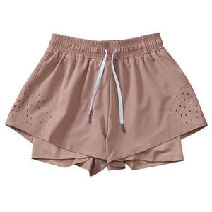 Nueva versión de pantalones cortos deportivos de malla de doble capa para mujer, cintura alta, transpirable, de secado rápido, cintura elástica, volantes, deportes anchos sueltos - Product Image 1