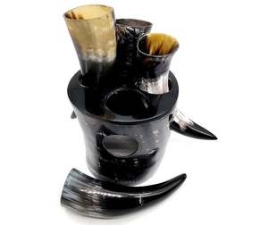 Authentic Viking Artisan Craft Drinking Horn Set Handcrafted 4-Piece Nautical Style <b>Shot</b> <b>Glass</b> Stand Animal Design Polished - Product Image 5