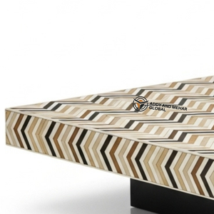Mesa de Centro de Madera Hecha a Mano por Proveedor de la India, Mesa de Centro de Madera con Incrustaciones de Hueso Personalizada al por Mayor, Diseño Geométrico Ovalado Chevron - Product Image 2