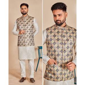 À la mode indien Kurta pyjama gilet veste Banarasi Jequard imprimé pour hommes mariages indiens porter Kurta Koti pyjama ensemble ethnique - Product Image 4